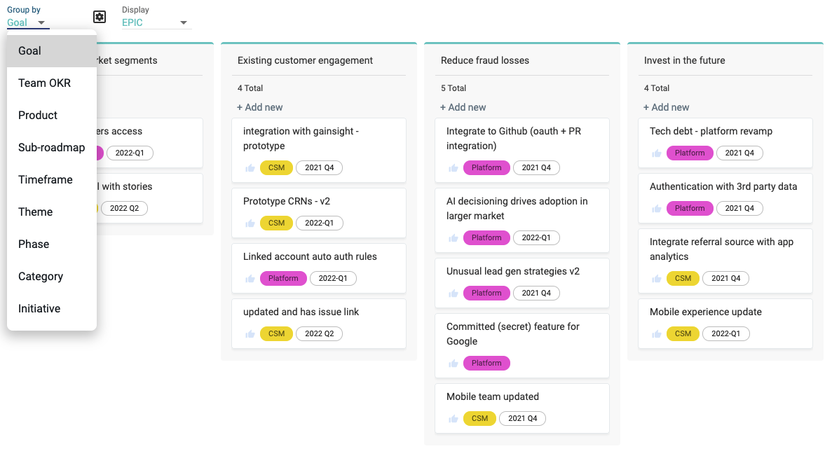 A product roadmap example using Dragonboat, in this case, a Kanban board.